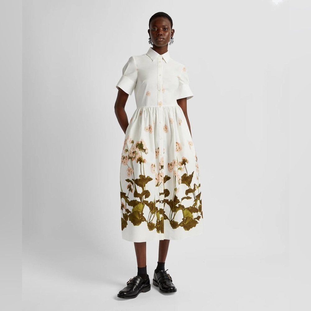 ERDEM Short-Sleeve Midi Shirt Dress in Cotton White and Green Floral 0 NWT 1345$ - Picture 6 of 14